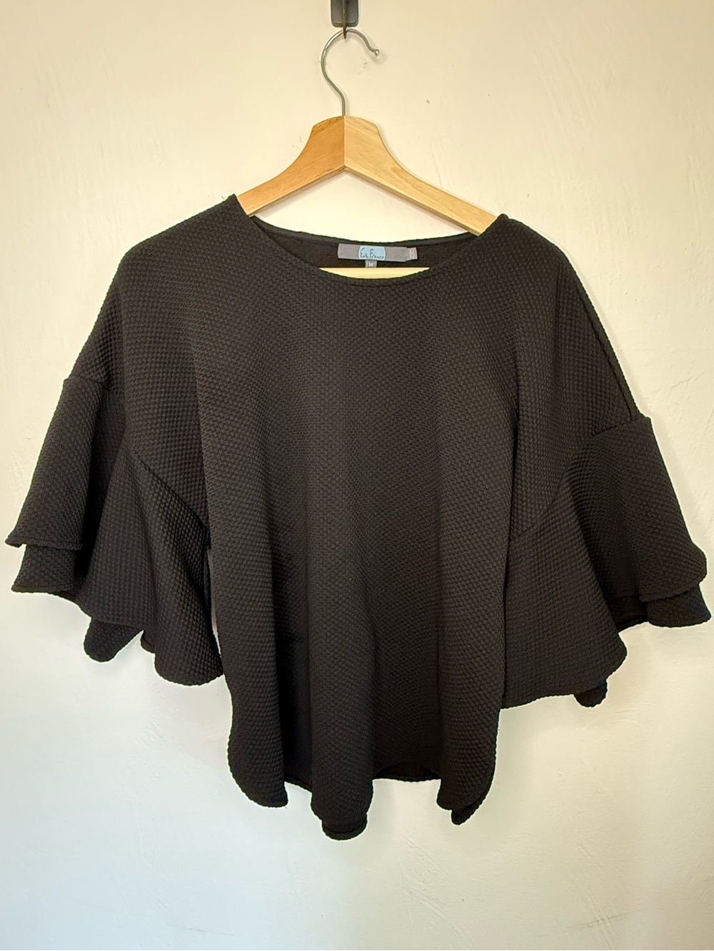 Eva Franco for Anthropologie Laszlo Black Ruffle Sleeve Tie Waist Top